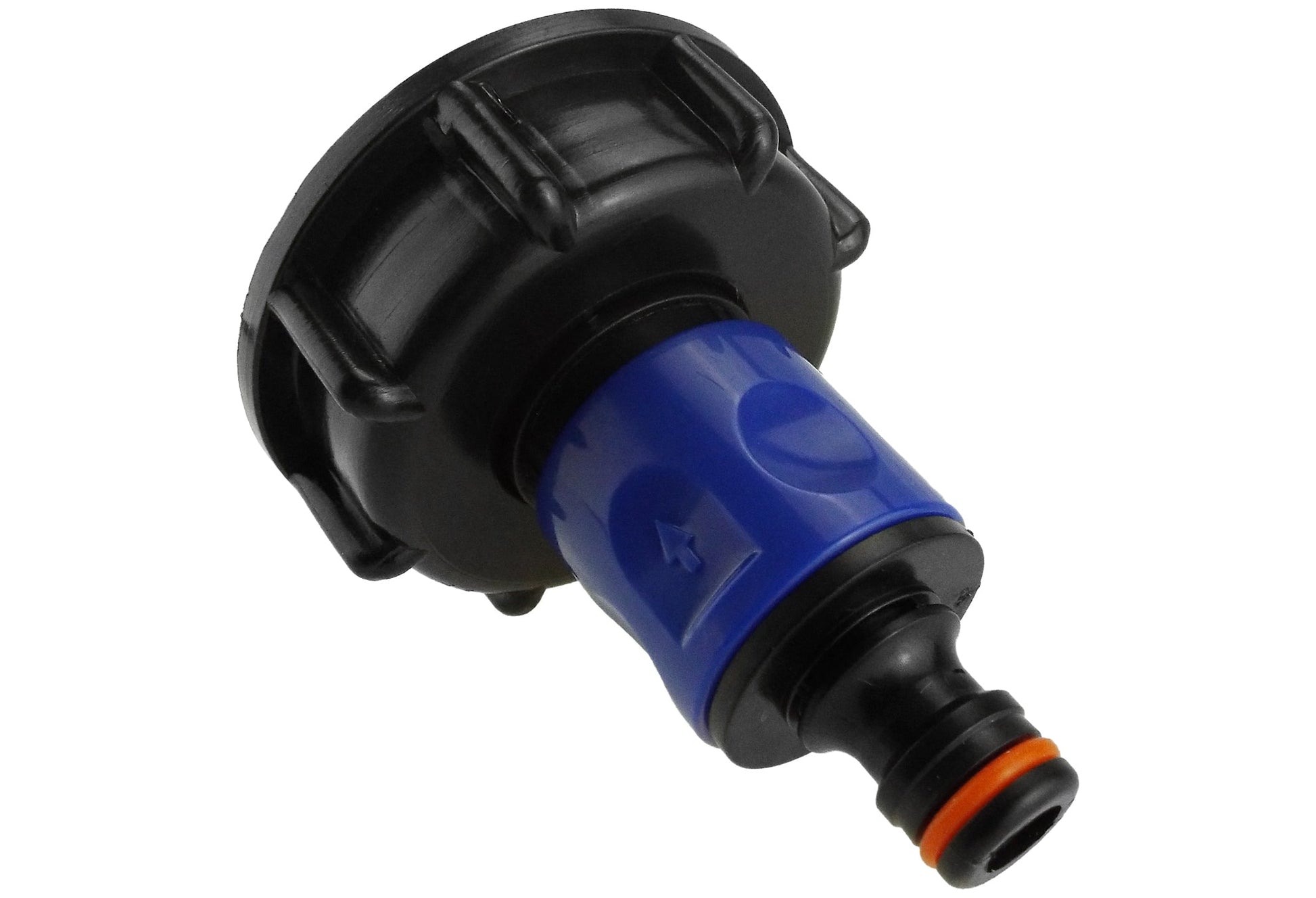 Blue connector section with black cap and threaded male outlet; orange sealing ring visible