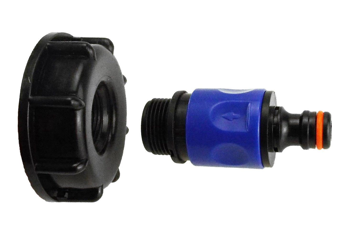 Black end cap with blue connector body and dark threaded male fitting; orange ring detail