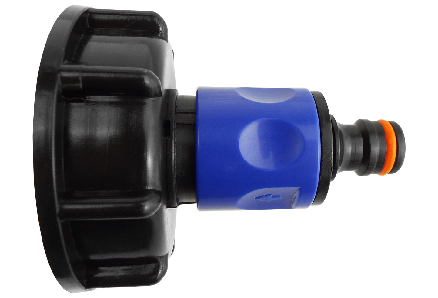 Blue IBC hose connector cap with orange-ring male outlet and black housing, close-up