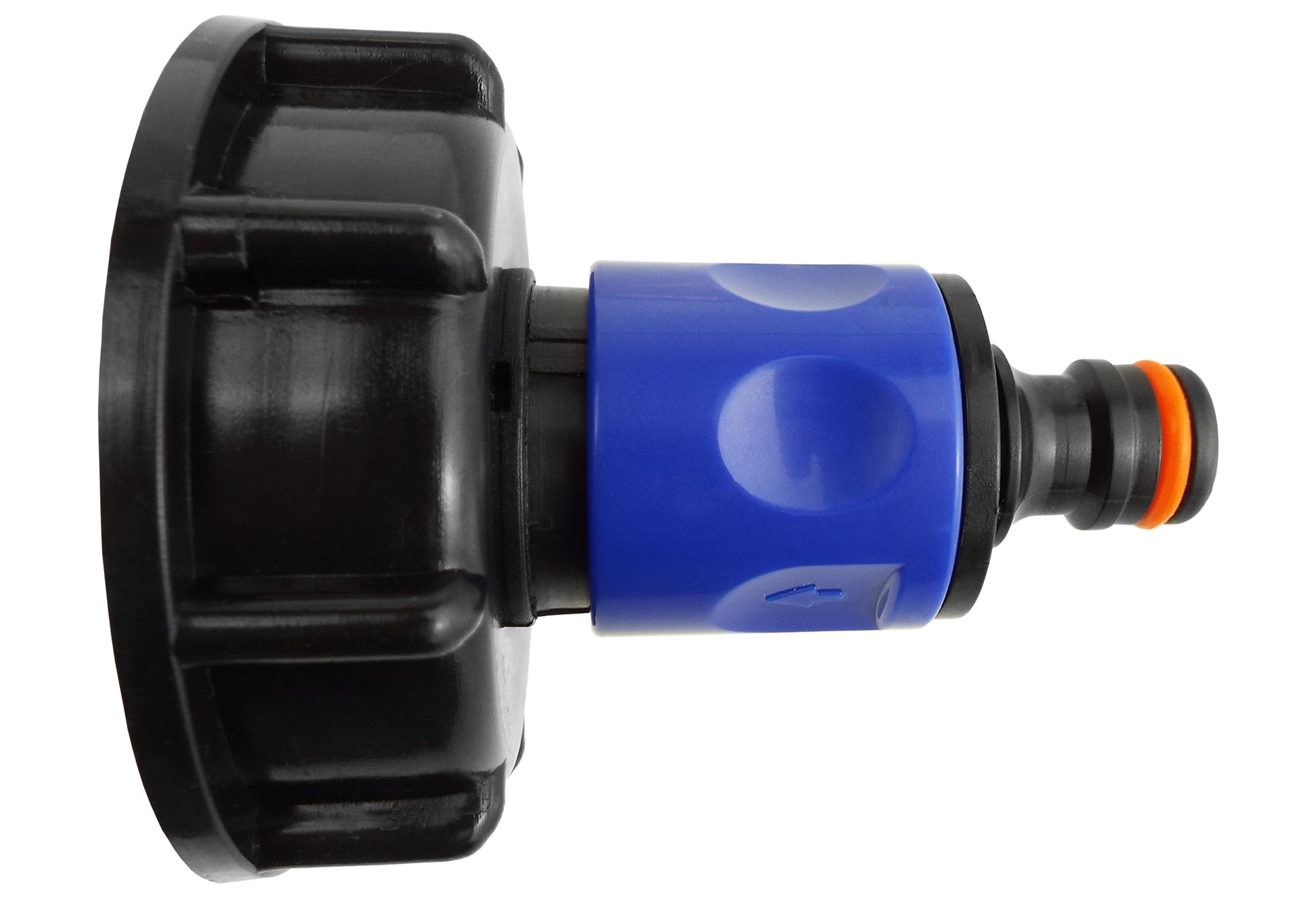 Blue IBC hose connector cap with orange-ring male outlet and black housing, close-up