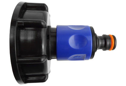 Blue IBC hose connector cap with orange-ring male outlet and black housing, close-up