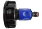 Blue IBC hose connector cap with orange-ring male outlet and black housing, close-up