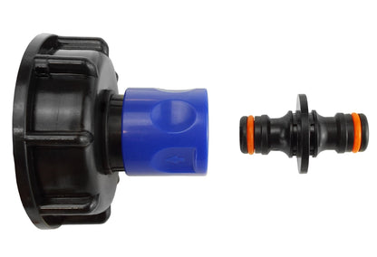 Side view of black cap and blue IBC connector with orange-ring outlet and threaded fitting