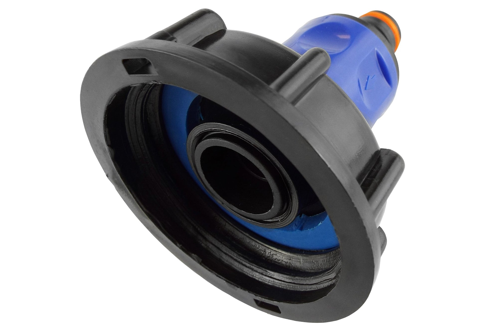 IBC connector end cap showing black seal and blue inner fitting; orange ring near outlet