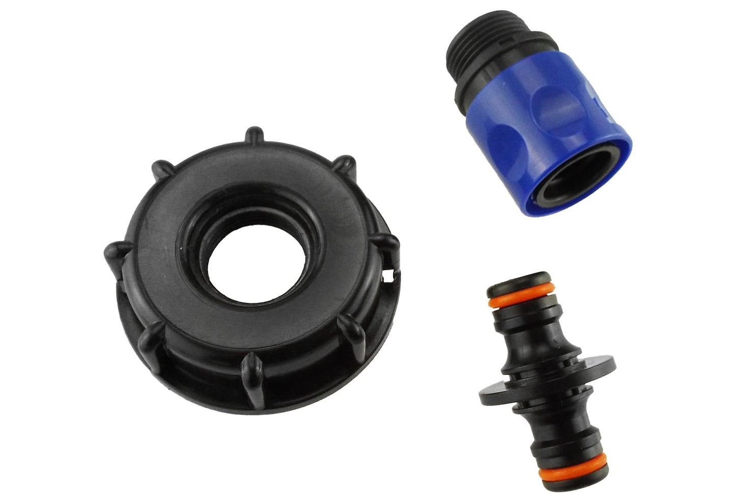 Black cap piece, blue connector with open outlet, and small black fittings with orange rings
