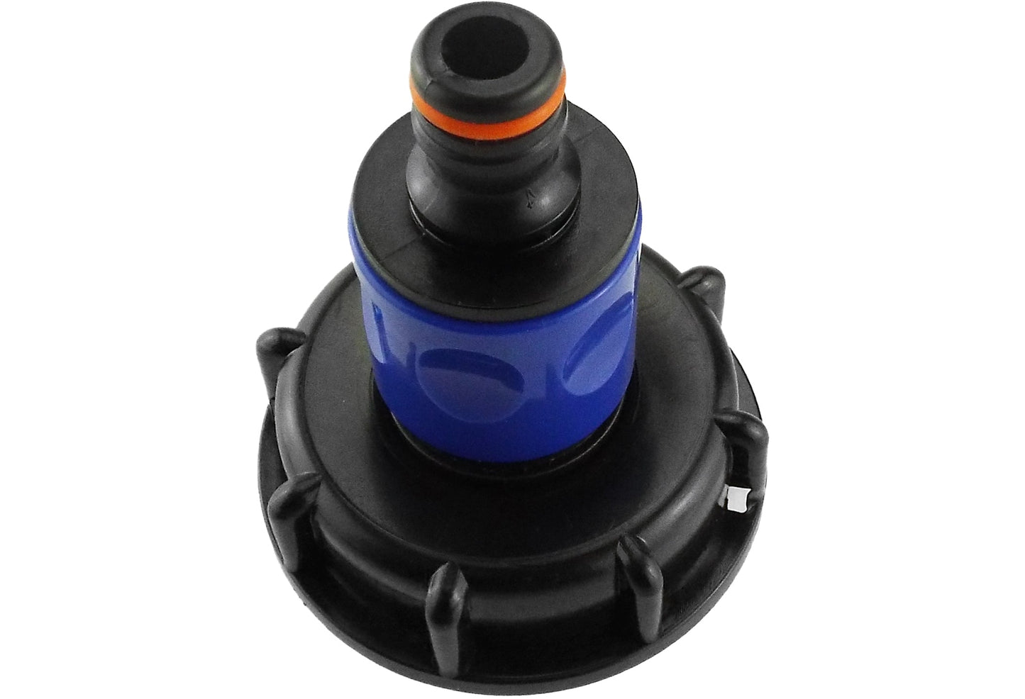Blue connector with black circular flange and orange-tipped outlet opening