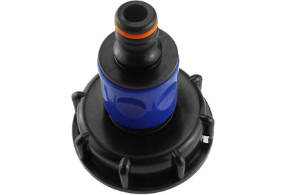 Blue connector with black circular flange and orange-tipped outlet opening