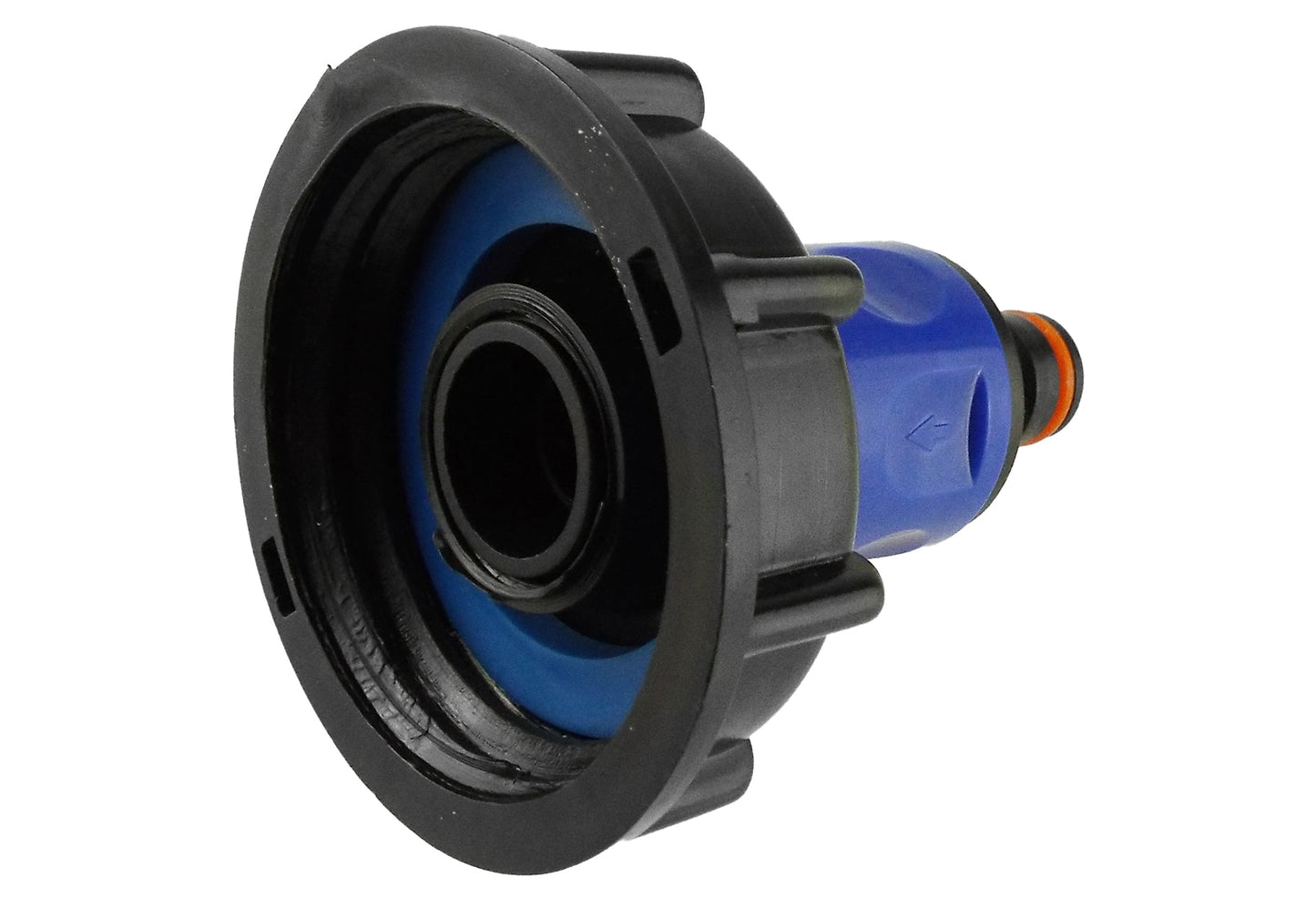 Connector flange end with visible inner opening; blue body and orange-ring outlet