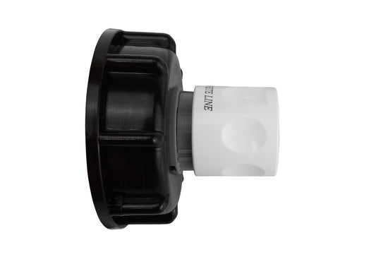 IBC 2" S60X6 cap with 3/4" BSP threaded hose connector, black and white