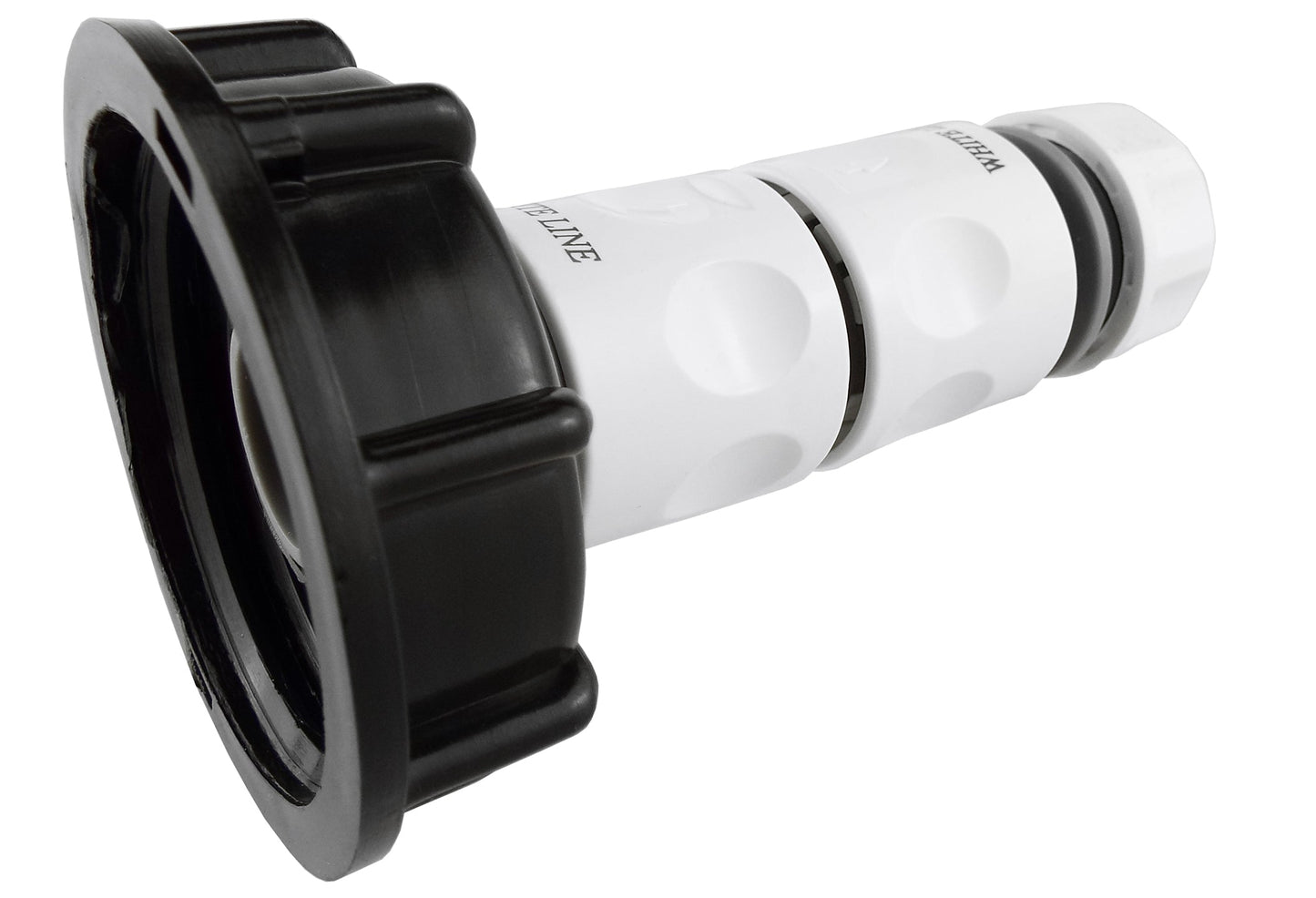 Black IBC tank cap with white threaded hose fitting and dark sealing ring