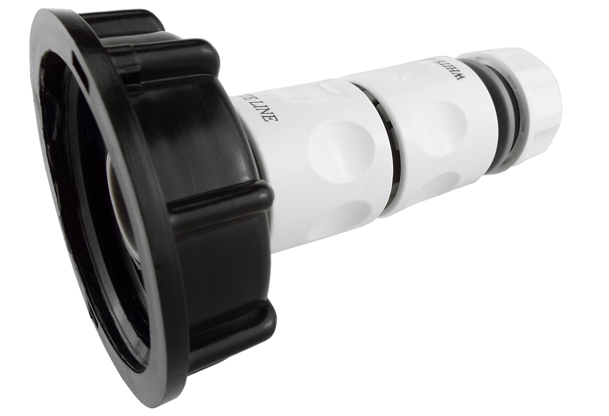 Black IBC tank cap with white threaded hose fitting and dark sealing ring