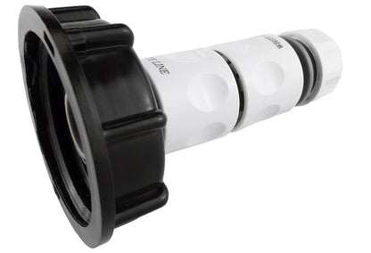 Black IBC tank cap with white threaded hose fitting and dark sealing ring