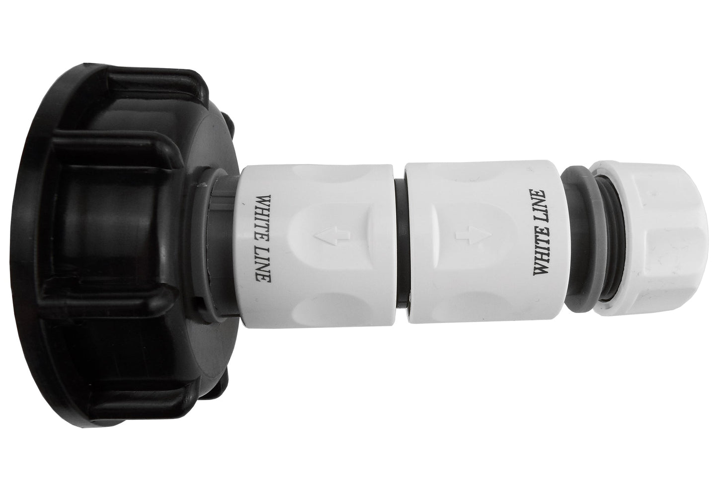Black IBC cap joined to white double-male hose fitting, with rubber sealing rings