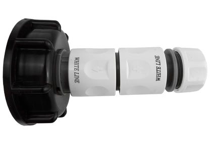 Black IBC cap joined to white double-male hose fitting, with rubber sealing rings