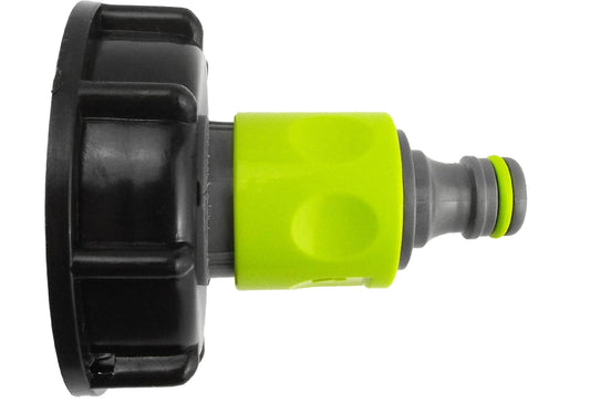 Black IBC cap with lime hose connector; S60X6 and 3/4" BSP double male threads