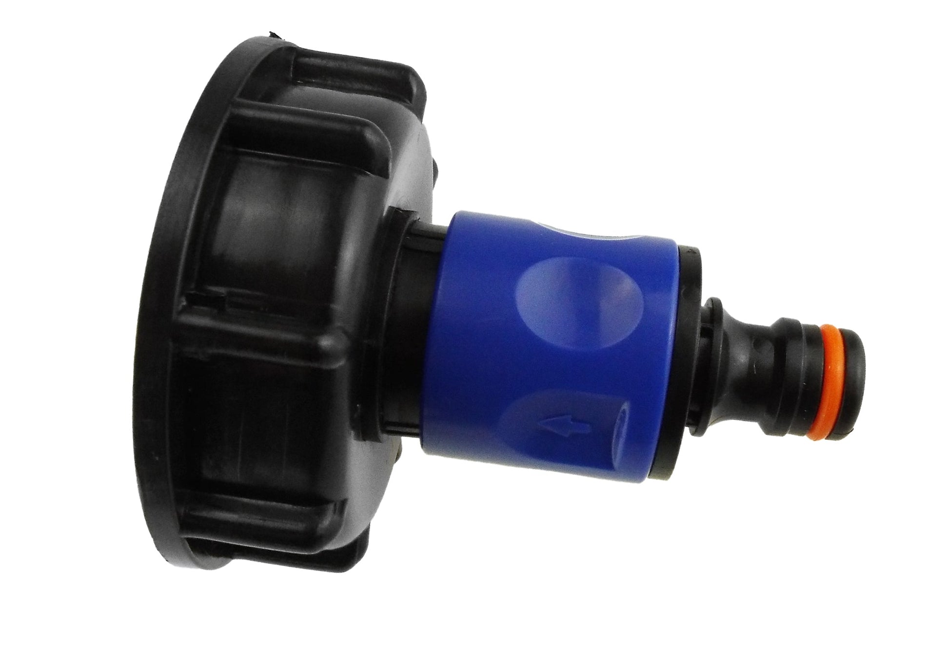 IBC connector cap with blue body and black threaded male outlet; orange sealing ring