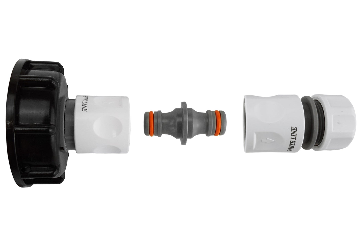 IBC 2 inch double-male hose connector cap with threaded fittings, black and white ends