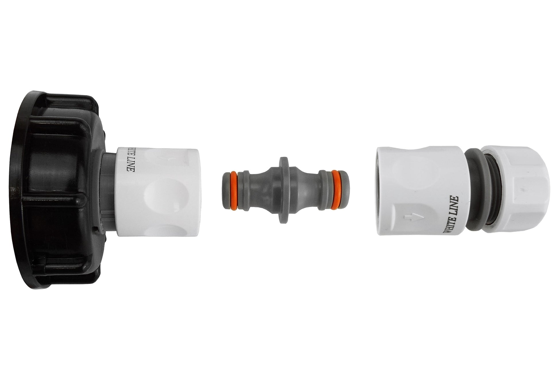 IBC 2 inch double-male hose connector cap with threaded fittings, black and white ends