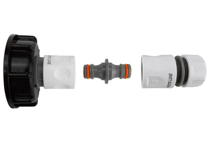 IBC 2 inch double-male hose connector cap with threaded fittings, black and white ends