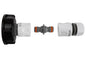 IBC 2 inch double-male hose connector cap with threaded fittings, black and white ends