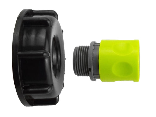 IBC 2” S60X6 cap with ¾” BSP hose connector, lime and black threaded end