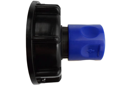 Blauer Schlauchanschluss mit schwarzer Schutzkappe, seitlicher 3/4" BSP Gewindeöffnung