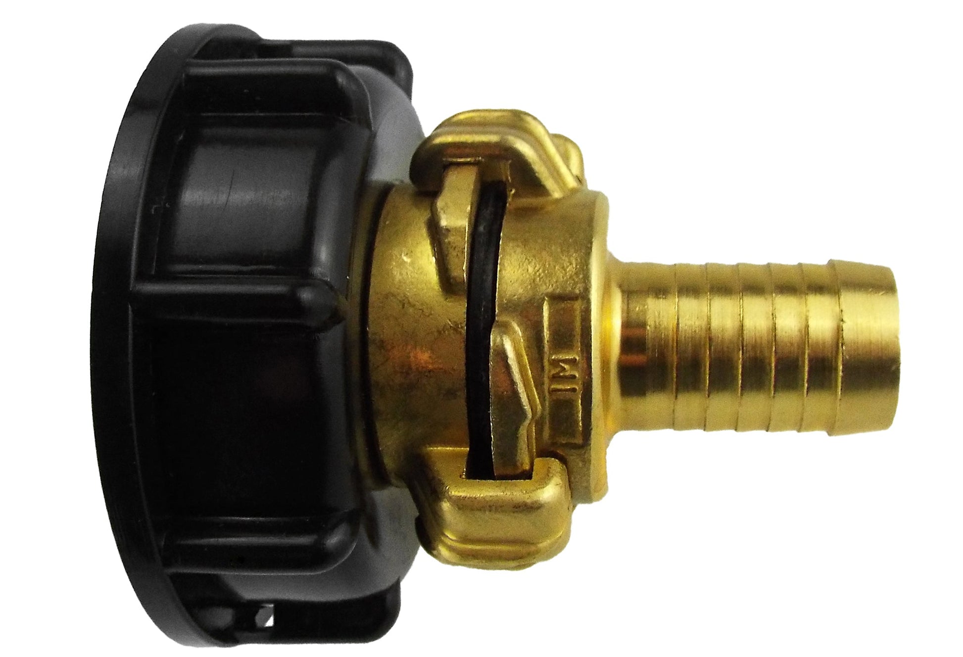 IBC 2” S60X6 cap with Geka Type F fittings, brass barb hose connector