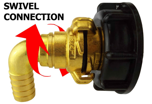 Brass S60X6 cap with Geka swivel elbow and 13mm barb, black connection housing