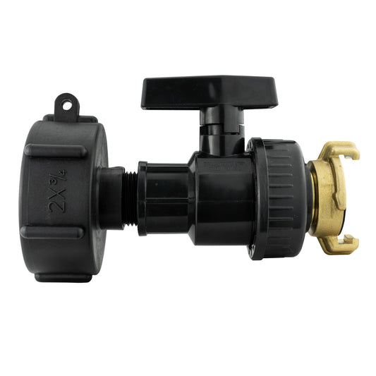 Black plastic IBC cap with large valve and Geka Type F fitting