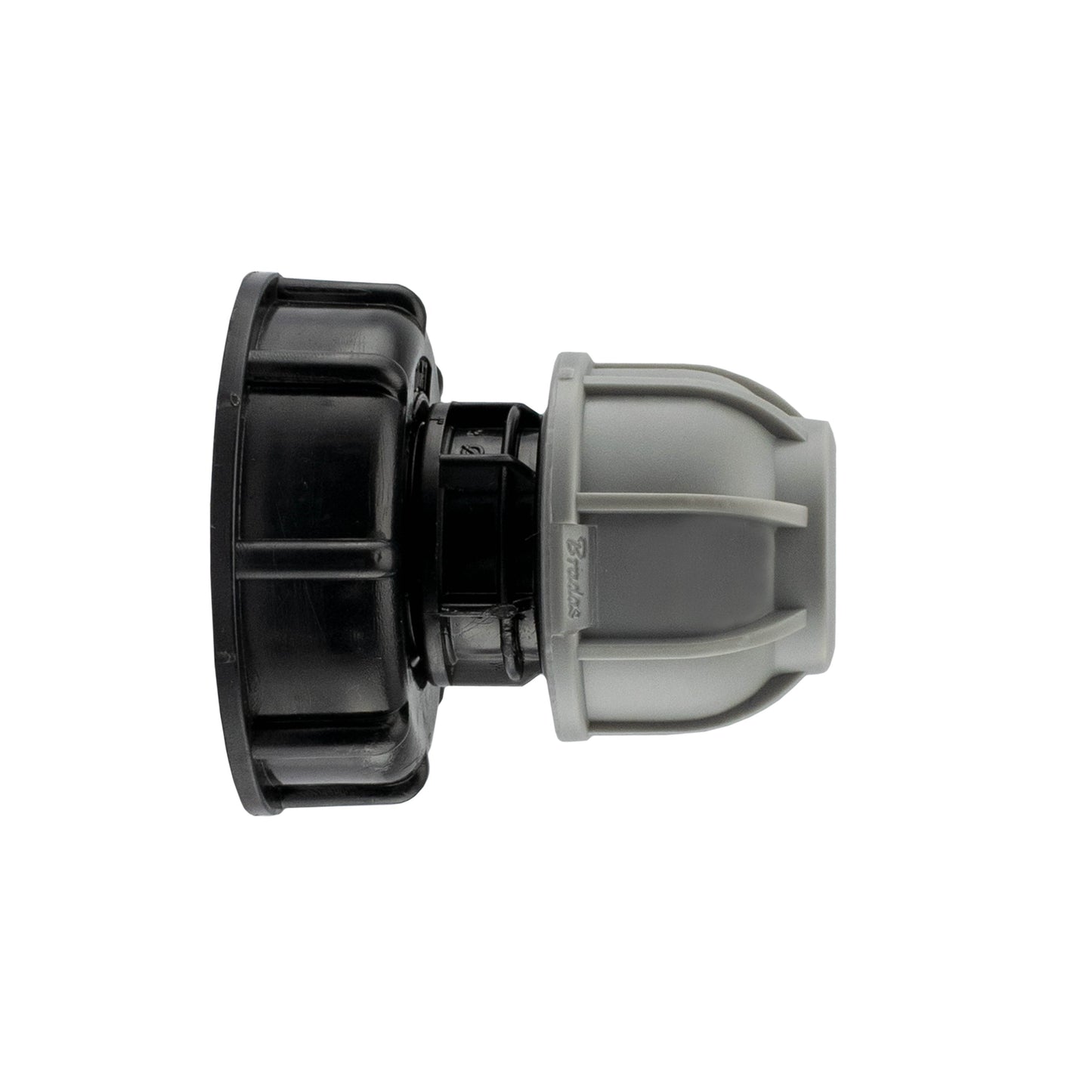 IBC 2” S60X6 cap with 20mm MDPE straight fitting, black/grey side view