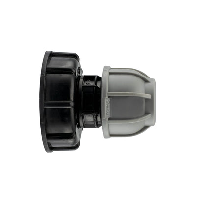 IBC 2” S60X6 cap with 20mm MDPE straight fitting, black/grey side view