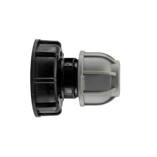 IBC 2” S60X6 cap with 20mm MDPE straight fitting, black/grey side view