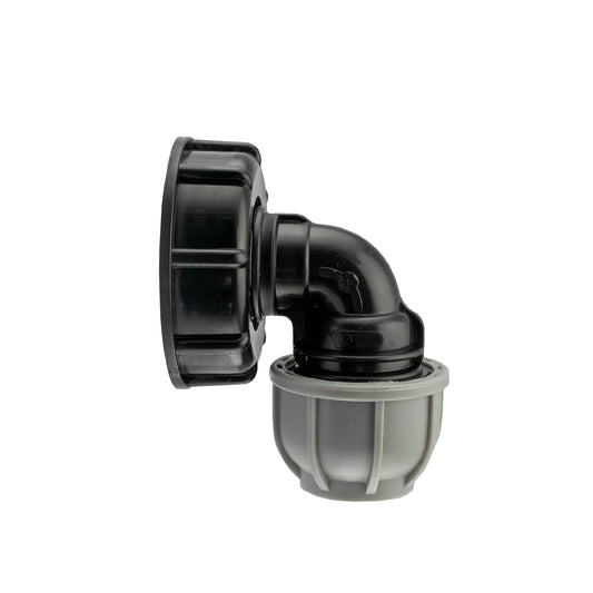 IBC 2” S60X6 cap with 25mm MDPE elbow, black plastic fitting