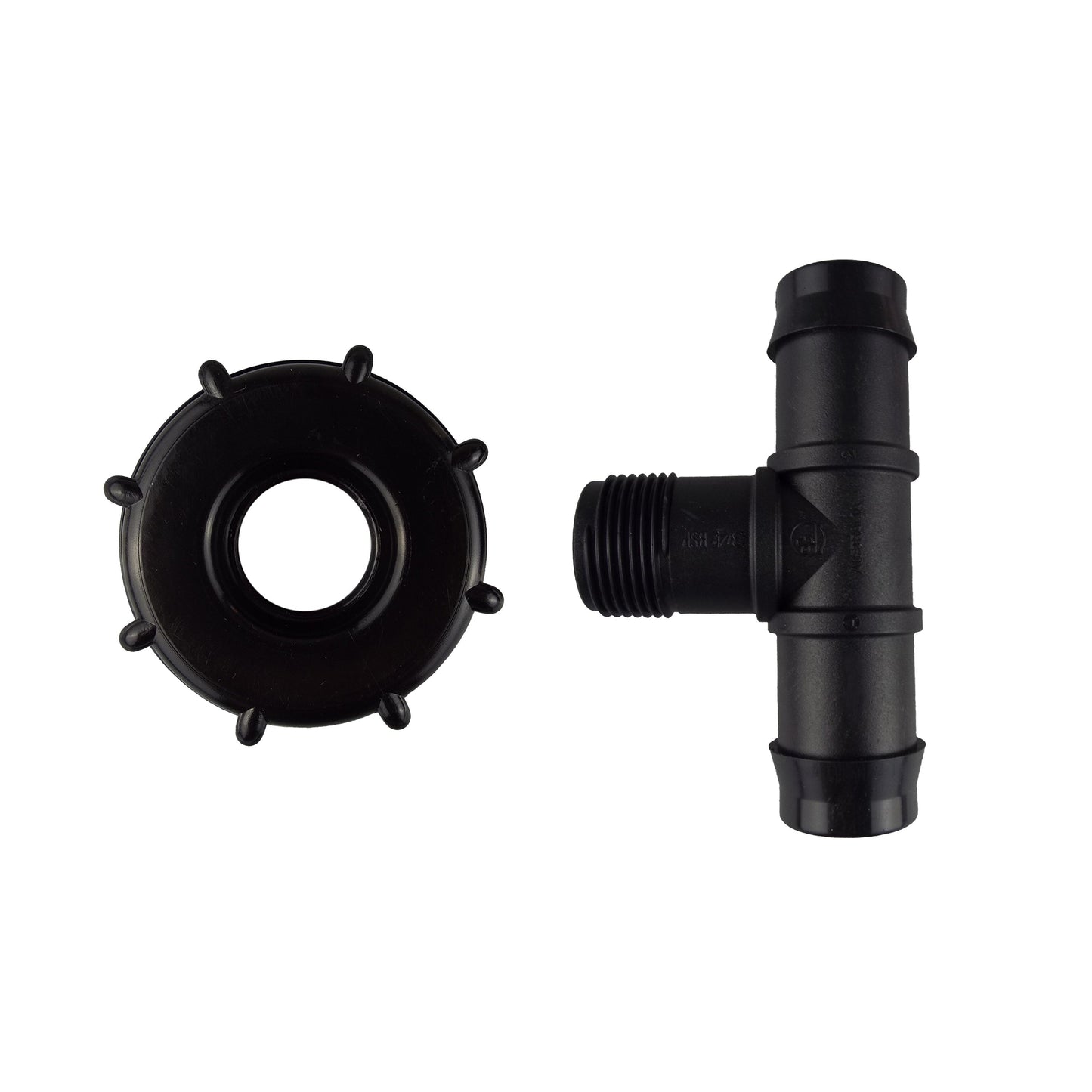IBC 2" S60X6 cap with 19mm barbed tee fitting, black plastic