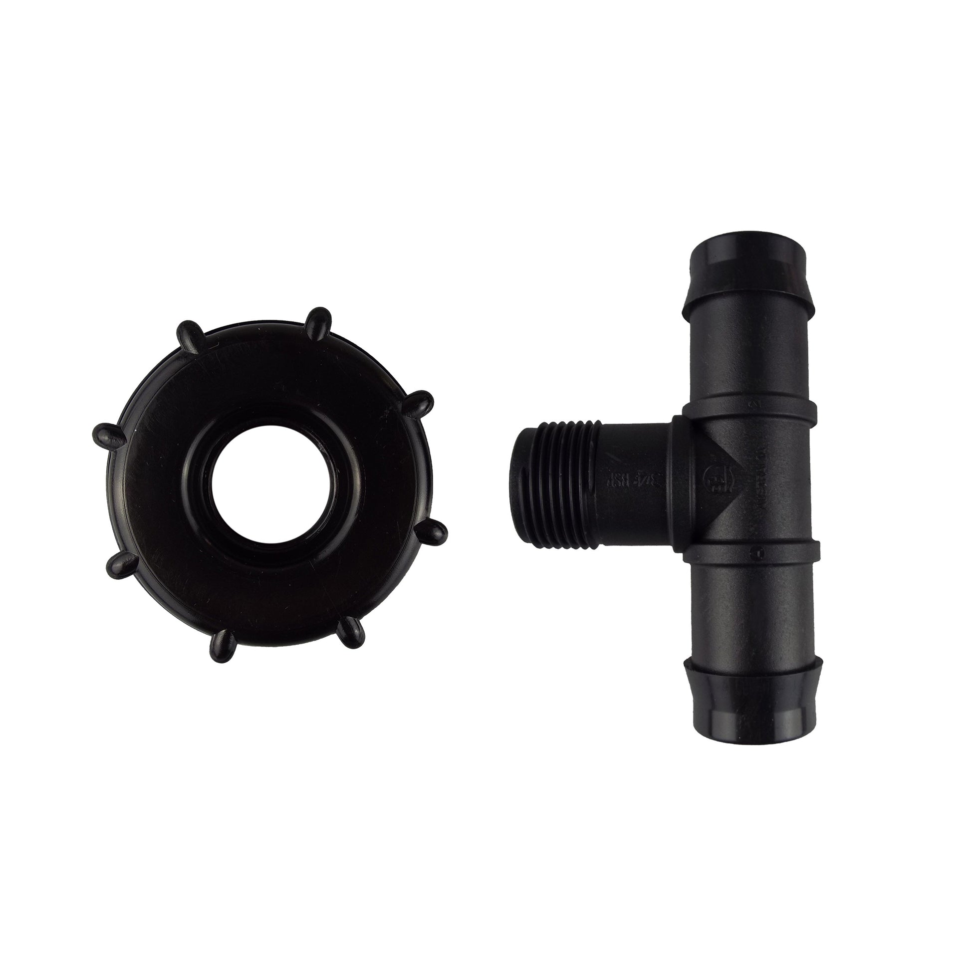 IBC 2" S60X6 cap with 19mm barbed tee fitting, black plastic