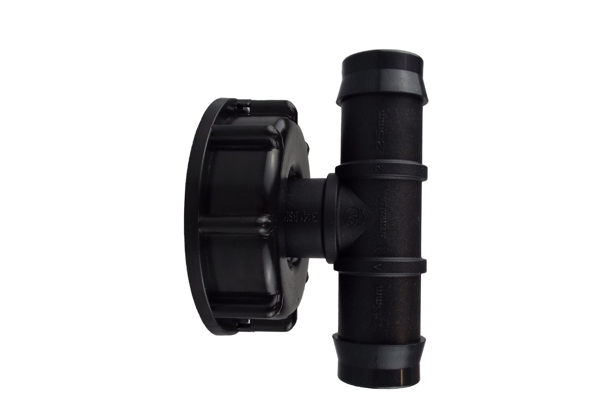 IBC S60x6 cap with 25mm barbed tee, side view of threaded outlet, black plastic