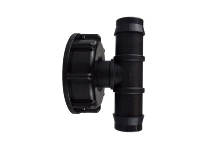 IBC S60x6 cap with 25mm barbed tee, side view of threaded outlet, black plastic