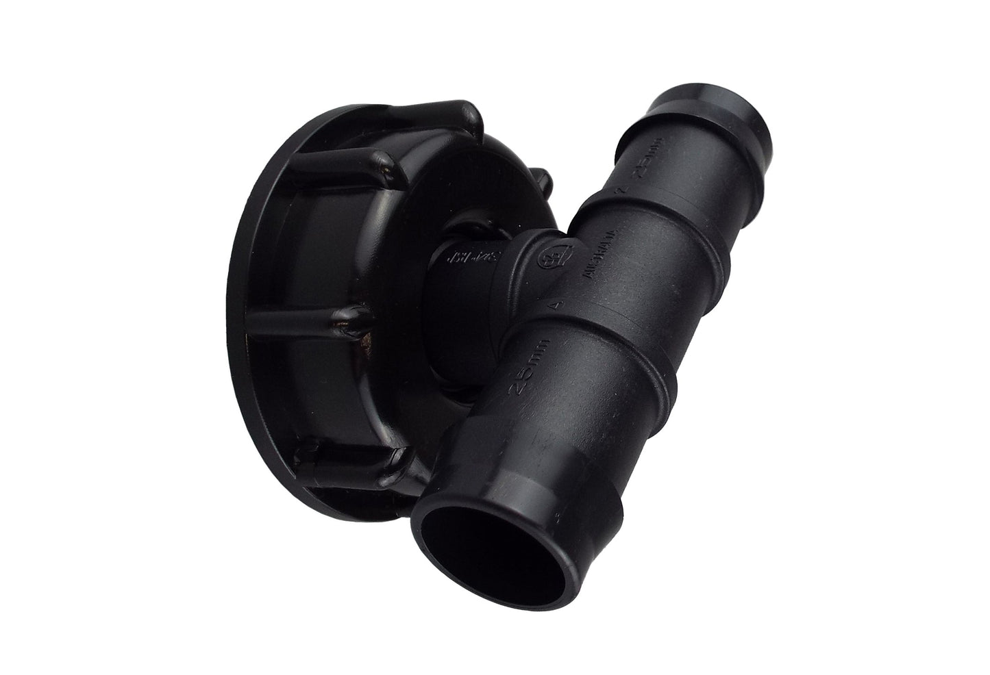 IBC 2 in S60x6 cap and 25mm barbed tee, angled connector with hose barb
