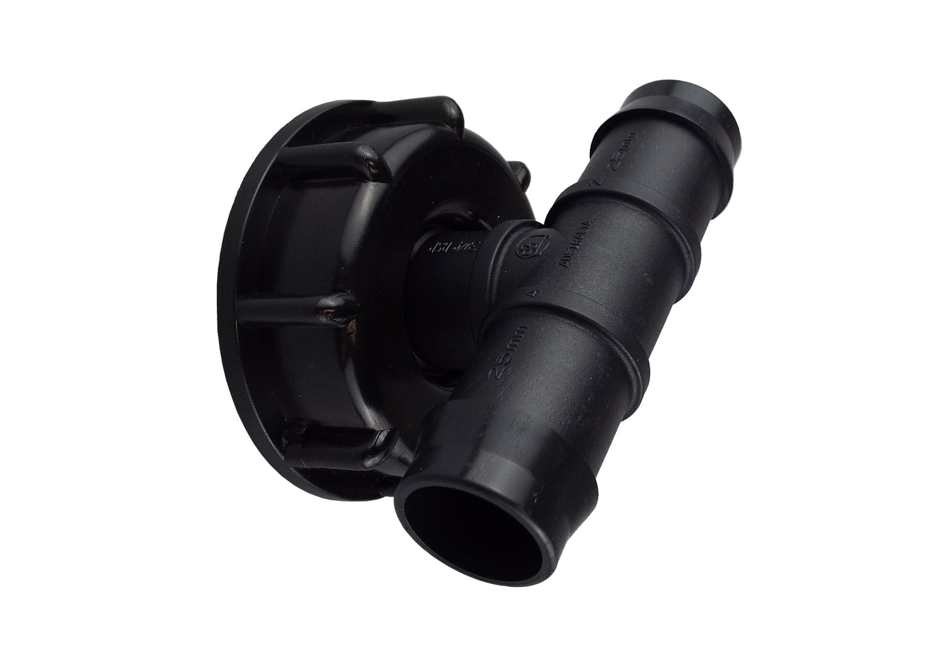 IBC 2 in S60x6 cap and 25mm barbed tee, angled connector with hose barb