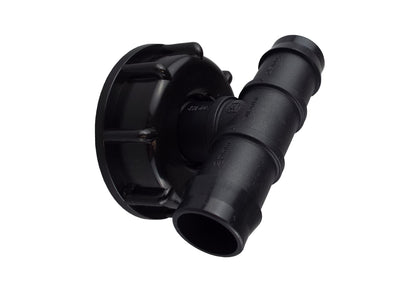 IBC 2 in S60x6 cap and 25mm barbed tee, angled connector with hose barb
