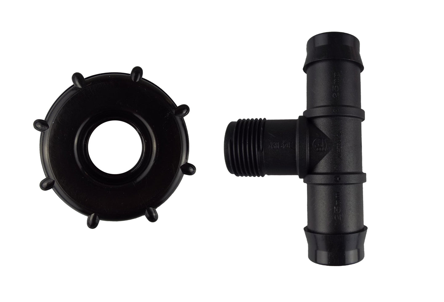 IBC cap with barbed tee and S60x6 thread, 25mm barb outlet, black plastic fitting