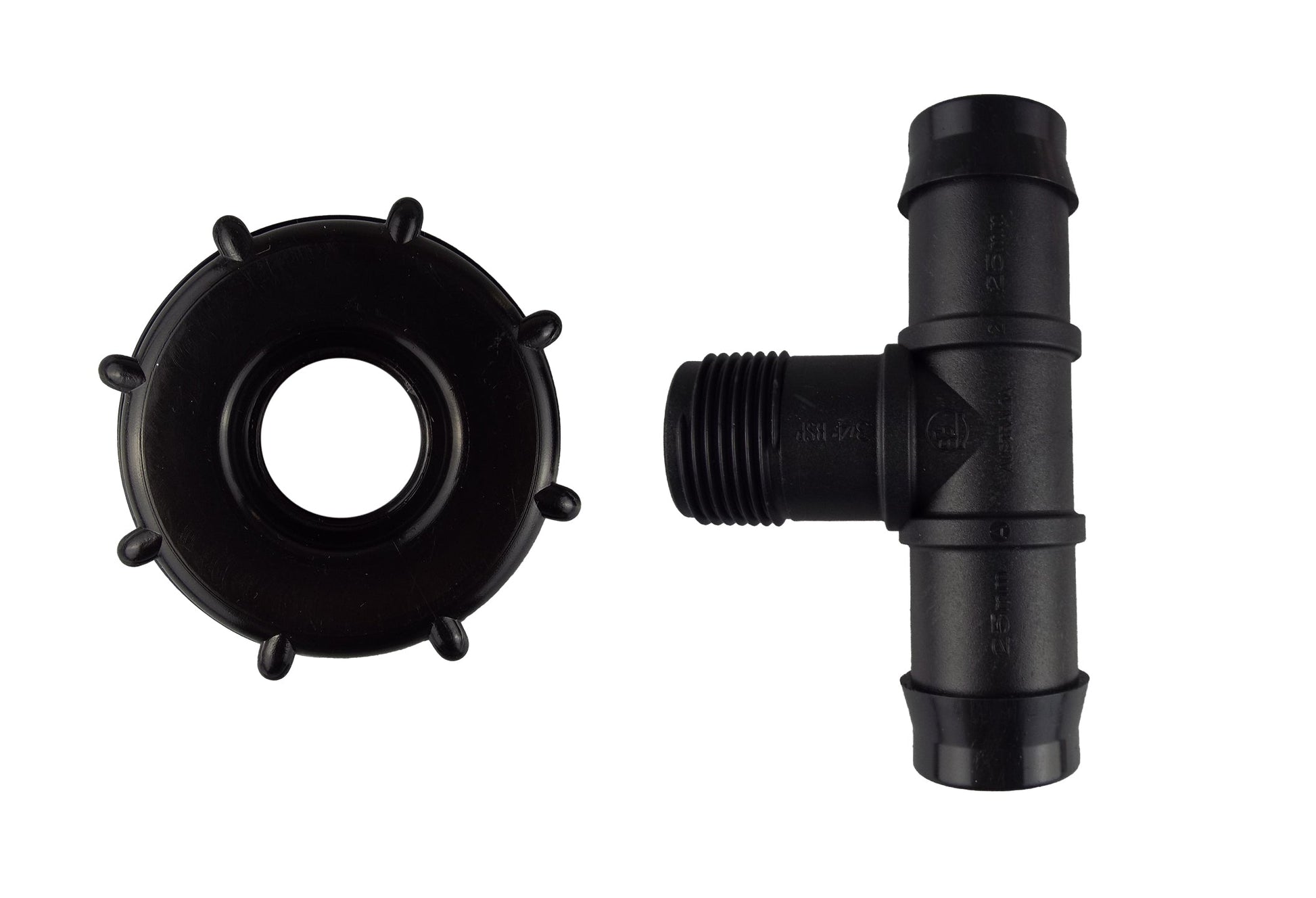 IBC cap with barbed tee and S60x6 thread, 25mm barb outlet, black plastic fitting