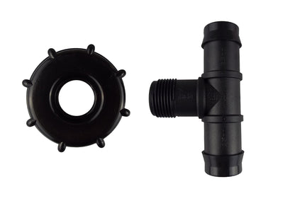 IBC cap with barbed tee and S60x6 thread, 25mm barb outlet, black plastic fitting