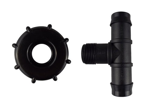 IBC cap with barbed tee and S60x6 thread, 25mm barb outlet, black plastic fitting