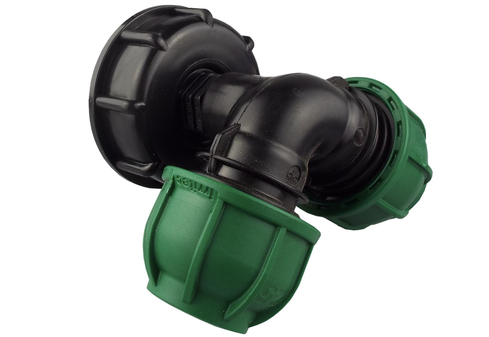 Black IBC cap with green MDPE elbow tee end fittings, 25mm size view