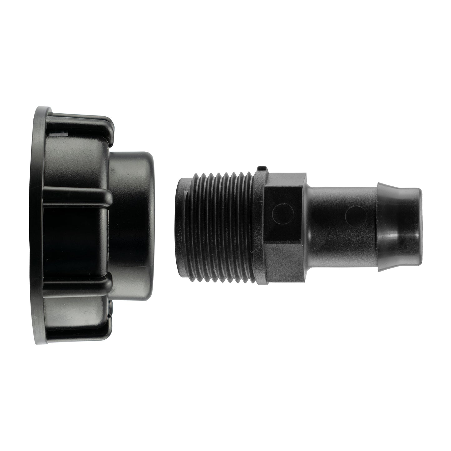 IBC 2" cap, barbed straight outlet and S60X6 thread, black plastic fitting