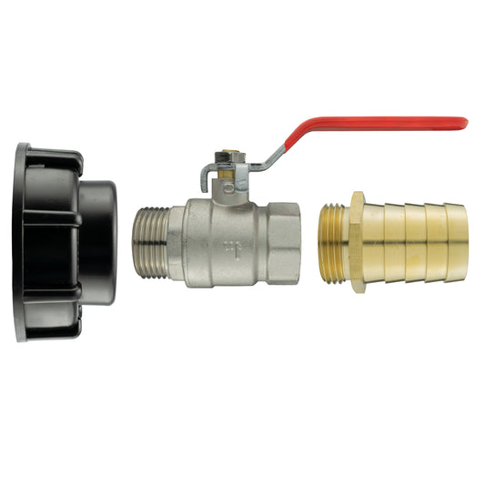 IBC 2" S60x6 cap with lever valve and 32mm brass barb, black outlet flange