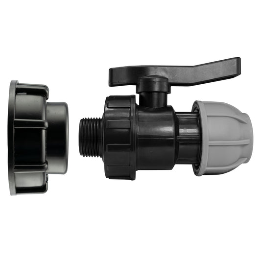 IBC 2" S60X6 cap with 25mm MDPE valve, black lever outlet connector