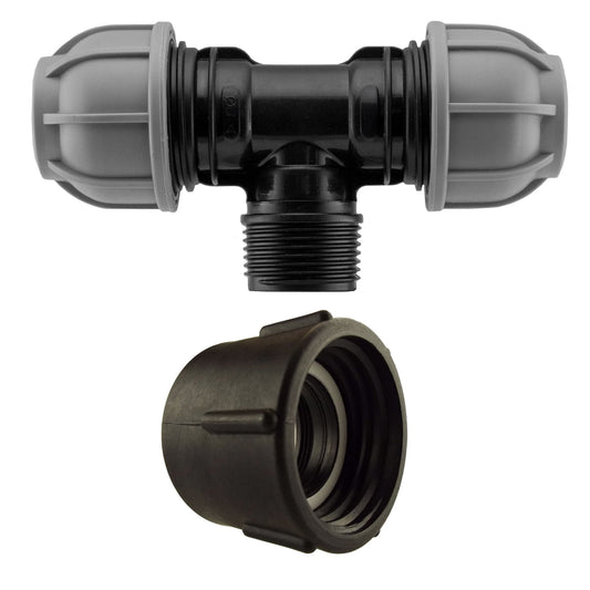 IBC 2" S60X6 cap to 50mm MDPE tee fitting, grey ends and black threaded connection