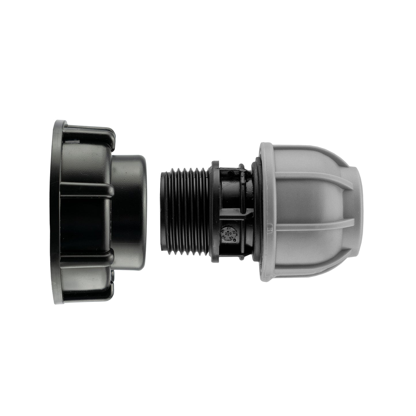 IBC 2” S60X6 cap with 40mm MDPE straight connector, black/grey plastic